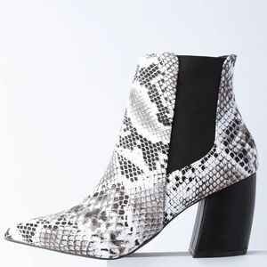 LULUS snake skin black and white bootie